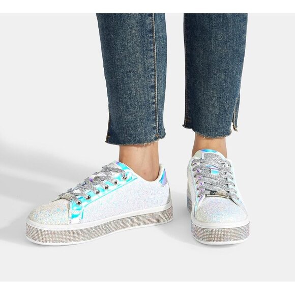 LUCKY STEP Womens White Glitter Sneakers Sparkly Bedazzled Wedding Bridal Shoes - Picture 5 of 9